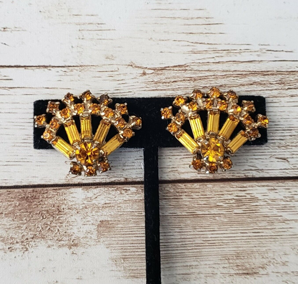Vintage Clip On Earrings Orange & Amber Tone Gems Fan Shape Statement Earrings